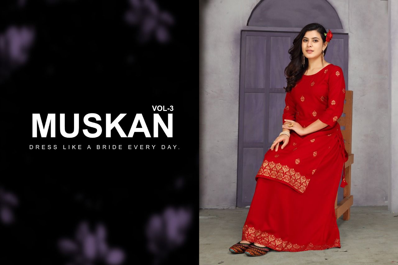 Golden Muskan 3 Heavy rayon Festive Wear Kurti With Skirt Collection